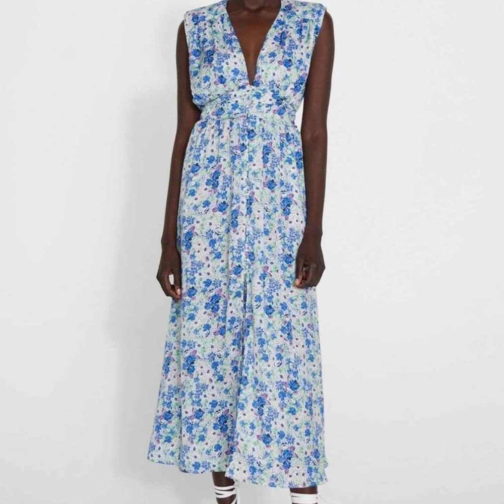 Zara Deep V-Neck Floral Maxi Dress Size XS